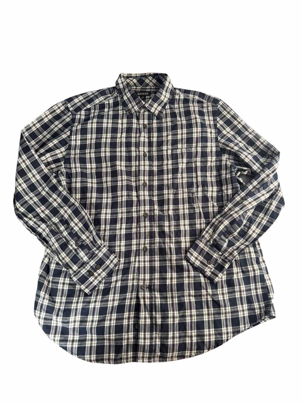 George Men's Size L 42-44 Dark Navy Blue Plaid Cotton Blend Long Sleeve Shirt